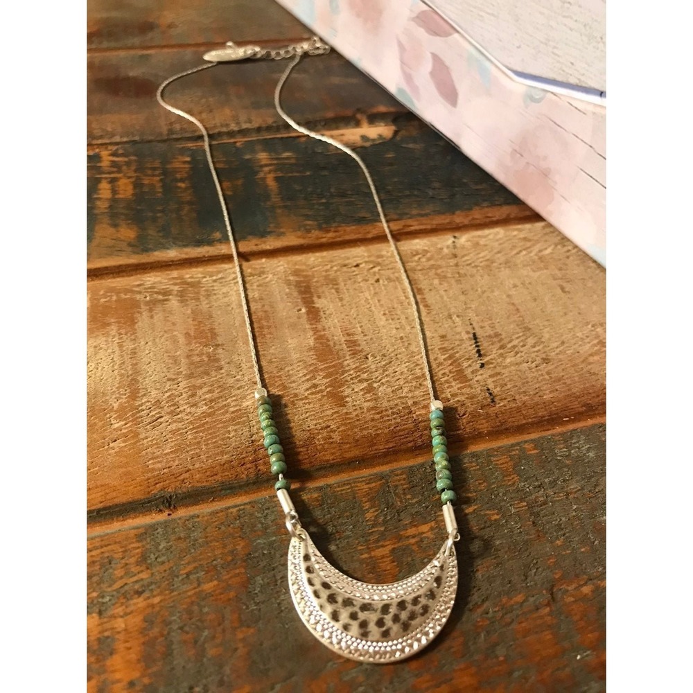 Silver Tone Crescent Moon Hammered Pendant Necklace with Turquoise Beads Boho